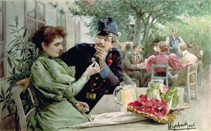 Soldier and a Young Girl Drinking New Wine by Felicien baron de Myrbach Rheinfeld